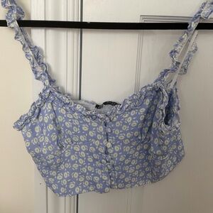 Zara Blue Floral Ruffle Strap Blouse